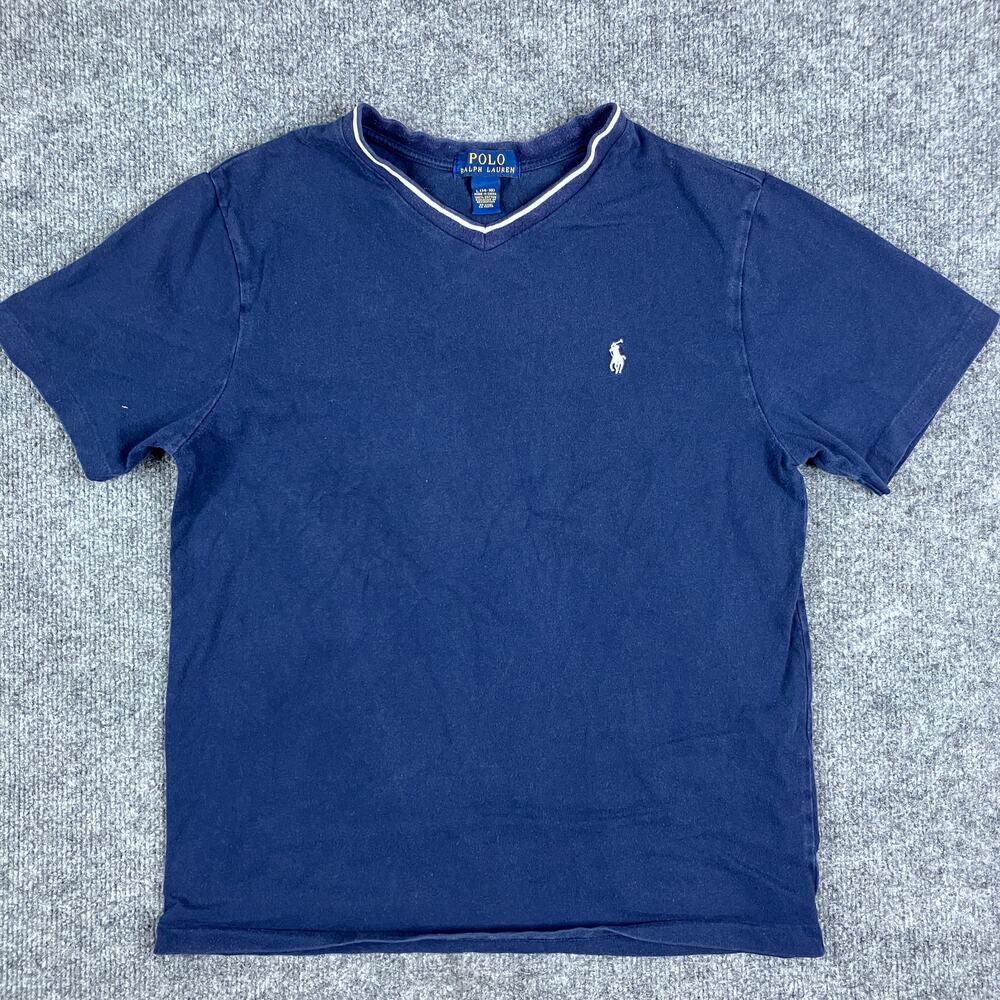 Polo Ralph Lauren Shirt Boys Size‎ L 14-16 Navy Blue V-Neck Cotton Pony Logo Tee